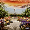 A music cover art featuring a garden of flowers, an orange sky and a golden statue