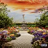 A music cover art featuring a garden of flowers, an orange sky and a golden statue