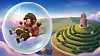 Cartoon astronaut floating in a clear bubble over a terraced green hill with a tower on a distant mound.