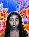 Collage of a black and white portrait of a Sudanese woman with braids in front of a colorful backdrop of Souq Omdurman.