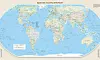 Colorful oval world map showing countries, borders, oceans, and geographic features.