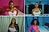 Four-panel collage of four women posing indoors in colorful outfits and room settings.