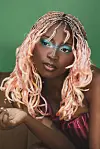 Portrait of a woman with pink-highlighted braids and dramatic makeup against a green background.