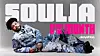 Soulja lies on his side, wearing double denim and looking into the distance. At the bottom, fat letters read “SOULJA ARTIST OF THE MONTH okayafrica.”