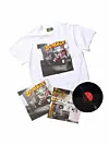 White zombie graphic T-shirt with printed items and a black vinyl record arranged on a white background.