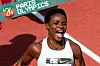 A photo of Tobi Amusan in celebration after winning the Women's 100m Hurdles during the 2023 Prefontaine Classic and Wanda Diamond League Final at Hayward Field on September 17, 2023 in Eugene, Oregon.