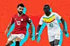 A photo collage of Mo Salah and Sadio Mané in action on the field. Salah wearing Egypt's red and white jersey, and Mané wearing Senegal's white jersey with yellow, green and red designs.