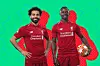 A digital composite image of Mo Salah and Sadio Man\u00e9 wearing Liverpool's red jersey and Man\u00e9 holding a football in his left hand.