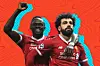 Mo Salah of Liverpool celebrates with teammate Sadio Man\u00e9 after scoring a goal for Liverpoool.