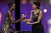 Mati Diop accepts the Golden Bear for Best Film for the film 'Dahomey' by President of the International Jury 2024 Lupita Nyong'o on stage at the Award Ceremony of the 74th Berlinale International Film Festival Berlin at Berlinale Palast on February 24, 2024 in Berlin, Germany.