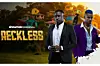 A promotional image for Reckless showing two men in suits, one holding a panga, with colorful village houses in the background and the Showmax Original logo