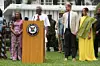 Britain's Prince Harry (2ndR), Duke of Sussex, and Britain's Meghan (R), Duchess of Sussex, react as Lagos State Governor, Babajide Sanwo-Olu (2ndL), gives a speech at the State Governor House in Lagos on May 12, 2024.