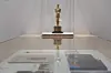 Oscar Award on display during the presentation of the GarciCine exhibition at the Conde Duque exhibition center, on 28 June, 2023 in Madrid, Spain. The exhibition commemorates the 40th anniversary of the first Oscar for a Spanish-language film and pays tribute to the director of the film 'Volver a Empezar' Jose Luis Garci.
