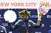 Tamirat Tola of Ethiopia celebrates the win in the Men's division and setting a course record during the 2023 TCS New York City Marathon on November 05, 2023 in Central Park in New York City.