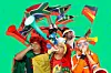 An illustration showing supporters of various countries blowing into their vuvuzelas and raising their flags at the 2010 World Cup in South Africa.