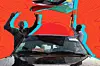 A photo of two men celebrating from a car, one waving the South Sudan flag and the other raising his hands joyfully, against an orange background.