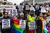 ​LGBT+ campaigners from the African Equality Foundation attend a protest opposite Westminster Abbey to coincide with leaders of thirty Commonwealth countries arriving for a Commonwealth seventy-fifth anniversary service on March 11, 2024 in London, United Kingdom.