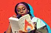 Chimamanda Ngozi Adichie reading from her latest book 'Dream Count,' holding a microphone against a bright red, textured background.