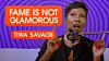 A photo of Tiwa Savafe in a black button down top speaking into a podcast microphone with the text, 'Fame is not glamorous' beside her.