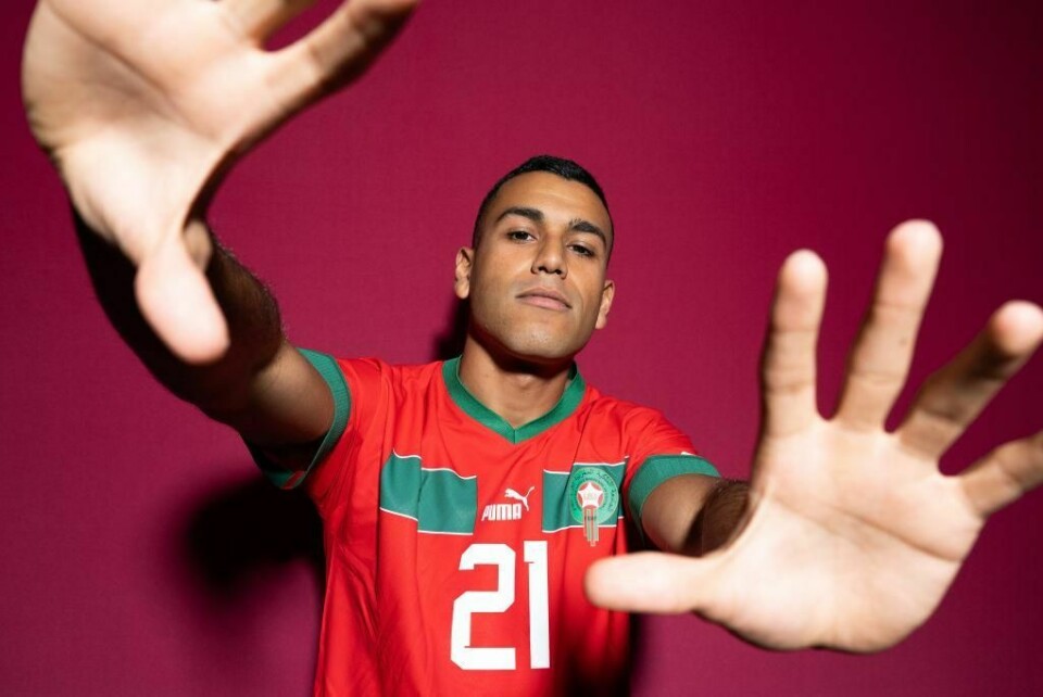 Walid Cheddira of Morocco in his national team's FIFA World Cup 2022 jersey. morocco world cup jersey