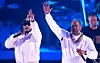 Music producer Swizz Beatz (L) and US rapper Busta Rhymes perform on stage during the 2023 BET awards at the Microsoft theatre in Los Angeles, June 25, 2023.