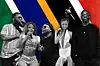 An illustration showing pictures of (from left) Cassper Nyovest, Babes Wodumo, M’du Masilela, Tyla, and Black Coffee.