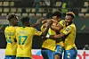 Ecuele Manga of Gabon team celebrates with teammate after Adama Guira scored own goal during the Round 16 of Africa Cup of Nations (CAN) 2021 football match between Gabon and Burkina Faso at Limbe Stadium in Limbe on January 23, 2022.