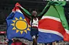 Christine Mboma of Namibia celebrates after the women's 200m final at Tokyo 2020 Olympic Games, in Tokyo, Japan, Aug. 3, 2021.