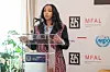 Mahlet Afework is speaking at the podium at the launch of the Mafi Fashion Academy and Lab.