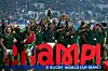 South Africa players and staff celebrate with the Webb Ellis Cup after winning the Rugby World Cup France 2023 Gold Final match between New Zealand and South Africa at Stade de France on October 28, 2023 in Paris, France.