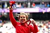 Gold medallist Raoua Tlili of Team Tunisia celebrates on the podium during the medal ceremony after the Women's Shot Put F41 final on day two of the Paris 2024 Summer Paralympic Games at Stade de France on August 30, 2024 in Paris, France.