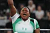 Onyinyechi Mark of Team Nigeria reacts during the Women's Up to 61kg Powerlifting on day nine of the Paris 2024 Summer Paralympic Games at Porte de La Chapelle Arena on September 06, 2024 in Paris, France.