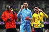Gold medalist Brian Lionel Impellizzeri of Team Argentina (C), Silver medalist Samson Opiyo of Team Kenya (L) and Bronze medalist Mateus Evangelista Cardoso of Team Brazil (R) pose for a photo during the Men's Long Jump T37 Medal Ceremony on day six of the Paris 2024 Summer Paralympic Games at Stade de France on September 03, 2024 in Paris, France.
