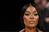 British supermodel Naomi Campbell wearing the controversial face jewelry for Balmain Menswear Ready-to-wear Fall-Winter 2024/2025 collection shown as part of the Paris Fashion Week, at the Grande Halle de la Villette in Paris on January 20, 2024.