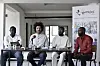 An image of a press conference featuring the founders of the Kourtrajme film school in Dakar.
