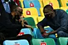 President Masai Ujiri of the Toronto Raptors, right, talks with President Paul Kagame of Rwanda during the first half of the Basketball Africa League finals game between Union Sportive Monastirienne and Zamalek at Kigali Arena on May 30, 2021 in Kigali, Rwanda.