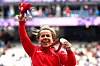 Gold medallist Raoua Tlili of Team Tunisia celebrates on the podium during the medal ceremony after the Women's Shot Put F41 final on day two of the Paris 2024 Summer Paralympic Games at Stade de France on August 30, 2024 in Paris, France.