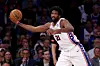 Joel Embiid #21 of the Philadelphia 76ers keeps the ball in bounds during the second half against the New York Knicks at Madison Square Garden on April 30, 2024 in New York City.