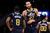 WASHINGTON, DC - JANUARY 12: Rudy Gobert #27 and Emmanuel Mudiay #8 of the Utah Jazz speak during the game against the Washington Wizards at Capital One Arena on January 12, 2020 in Washington, DC.