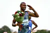 A photo of Luxolo Adams of Republic of South Africa celebrating after he won first place in the 200m race at the Madrid Athletics Meeting celebrated at Vallehermoso stadium on July 22, 2023, in Madrid, Spain.