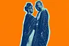 The iconic couple Amadou & Mariam in each other’s arms, over an orange-designed background