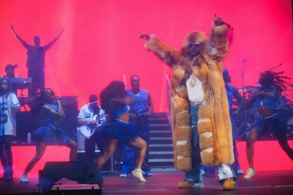 Davido live on stage wearing a fur coat, sunglasses, white t-shirt, blue jeans and a chunky silver chain